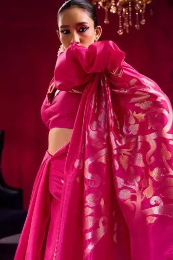 rani pink satin linen silk blend handloom zari weaving saree with blouse