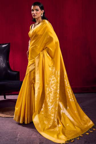 Mustard satin linen silk handloom zari weaving saree with blouse