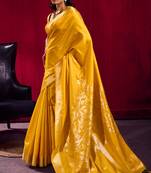 mustard satin linen silk blend handloom zari weaving saree with blouse