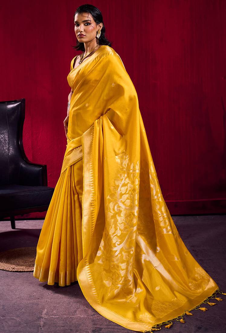 Mustard satin linen silk handloom zari weaving saree with blouse