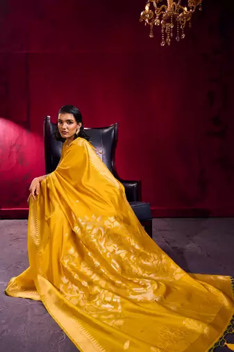 mustard satin linen silk blend handloom zari weaving saree with blouse