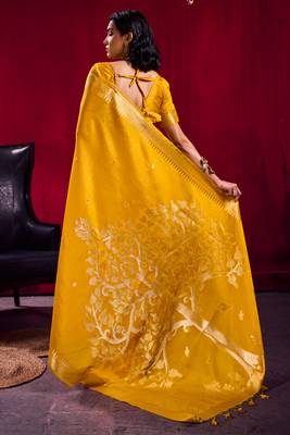 mustard satin linen silk blend handloom zari weaving saree with blouse 3