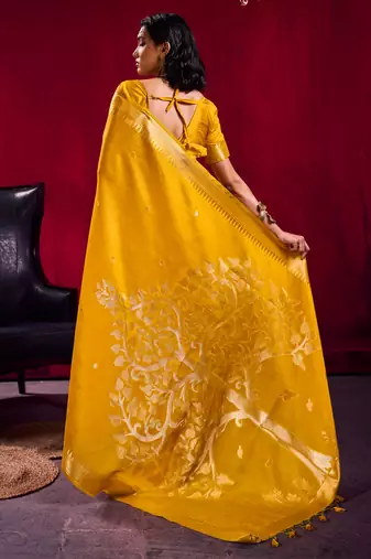 mustard satin linen silk blend handloom zari weaving saree with blouse