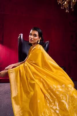 mustard satin linen silk blend handloom zari weaving saree with blouse 5