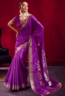 violet satin linen silk blend handloom zari weaving saree with blouse 1