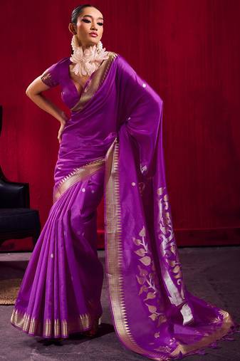 Violet satin linen silk handloom zari weaving saree with blouse