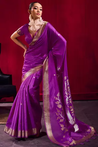 Violet satin linen silk handloom zari weaving saree with blouse