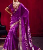 violet satin linen silk blend handloom zari weaving saree with blouse