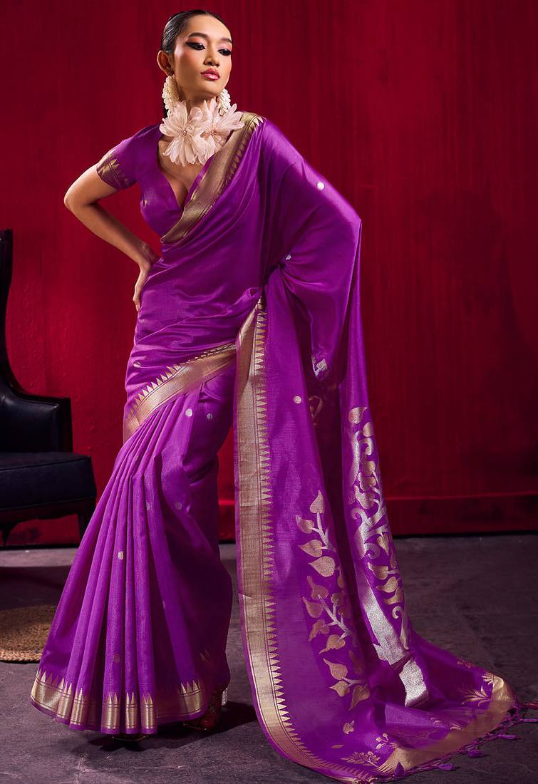 Violet satin linen silk handloom zari weaving saree with blouse