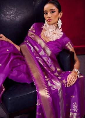 violet satin linen silk blend handloom zari weaving saree with blouse 2
