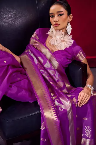 violet satin linen silk blend handloom zari weaving saree with blouse