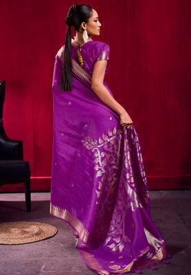 violet satin linen silk blend handloom zari weaving saree with blouse 3