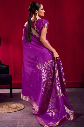 violet satin linen silk blend handloom zari weaving saree with blouse