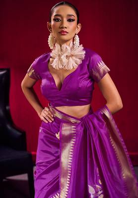 violet satin linen silk blend handloom zari weaving saree with blouse 4
