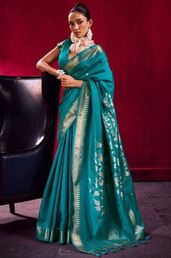 Teal satin linen silk handloom zari weaving saree with blouse