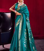 teal satin linen silk blend handloom zari weaving saree with blouse