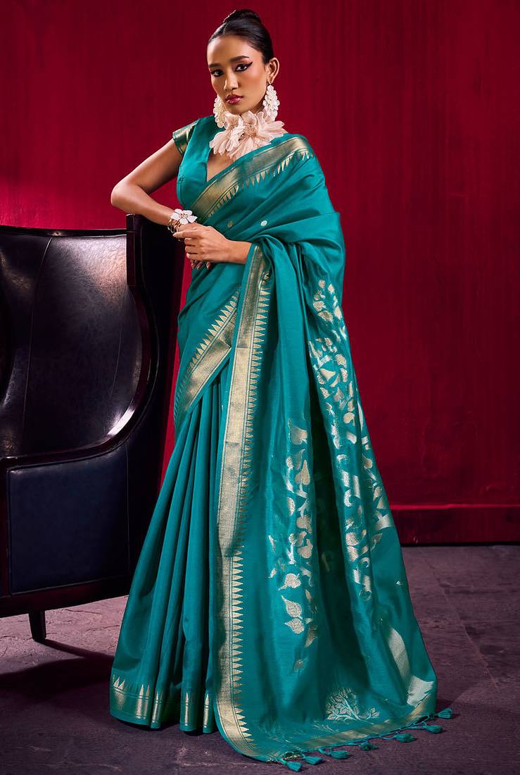 Teal satin linen silk handloom zari weaving saree with blouse