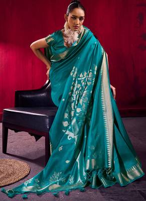 teal satin linen silk blend handloom zari weaving saree with blouse 2