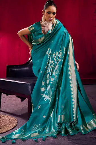 teal satin linen silk blend handloom zari weaving saree with blouse