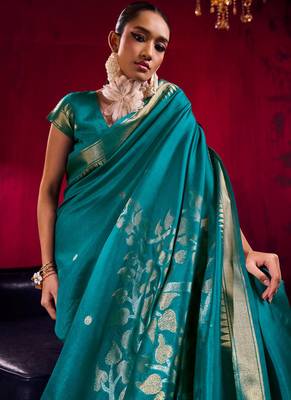 teal satin linen silk blend handloom zari weaving saree with blouse 3