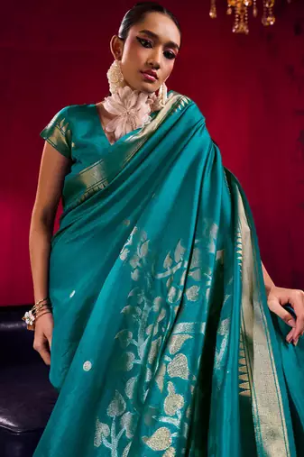 teal satin linen silk blend handloom zari weaving saree with blouse