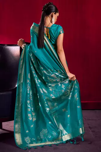 teal satin linen silk blend handloom zari weaving saree with blouse