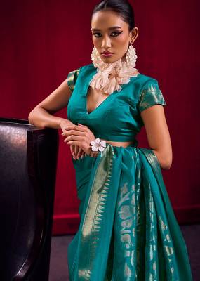 teal satin linen silk blend handloom zari weaving saree with blouse 5
