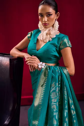 teal satin linen silk blend handloom zari weaving saree with blouse