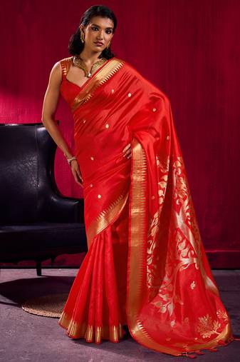 Red satin linen silk handloom zari weaving saree with blouse