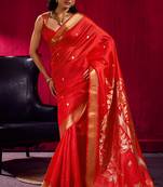 red satin linen silk blend handloom zari weaving saree with blouse