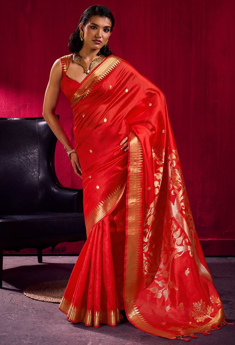 Red satin linen silk handloom zari weaving saree with blouse