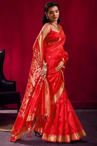 red satin linen silk blend handloom zari weaving saree with blouse