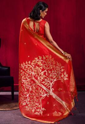 red satin linen silk blend handloom zari weaving saree with blouse 3