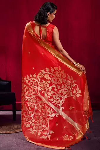 red satin linen silk blend handloom zari weaving saree with blouse
