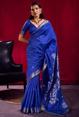 blue satin linen silk blend handloom zari weaving saree with blouse 1