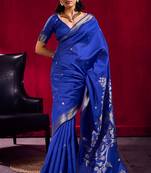 blue satin linen silk blend handloom zari weaving saree with blouse