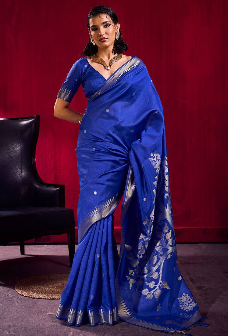 Blue satin linen silk handloom zari weaving saree with blouse
