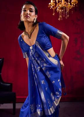 blue satin linen silk blend handloom zari weaving saree with blouse 2