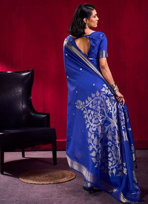 blue satin linen silk blend handloom zari weaving saree with blouse 3