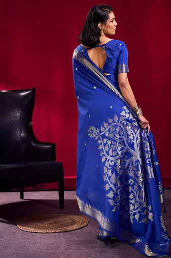 blue satin linen silk blend handloom zari weaving saree with blouse