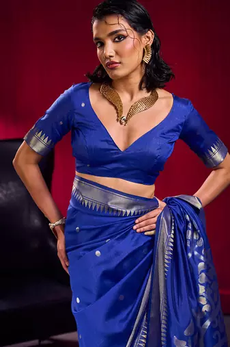 blue satin linen silk blend handloom zari weaving saree with blouse