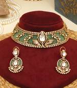 Gold plated kundan green stones choker necklace set