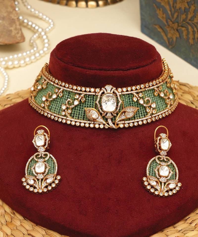 Gold plated kundan green stones choker necklace set