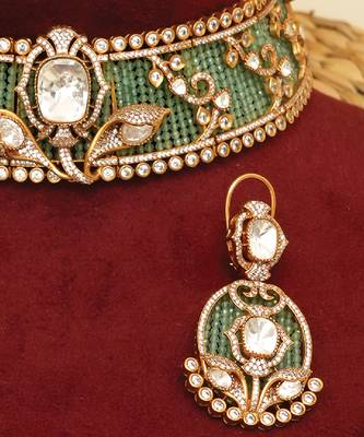 Gold plated kundan green stones choker necklace set 2