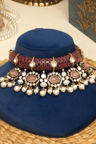 Gold plated kundan red stones necklace set