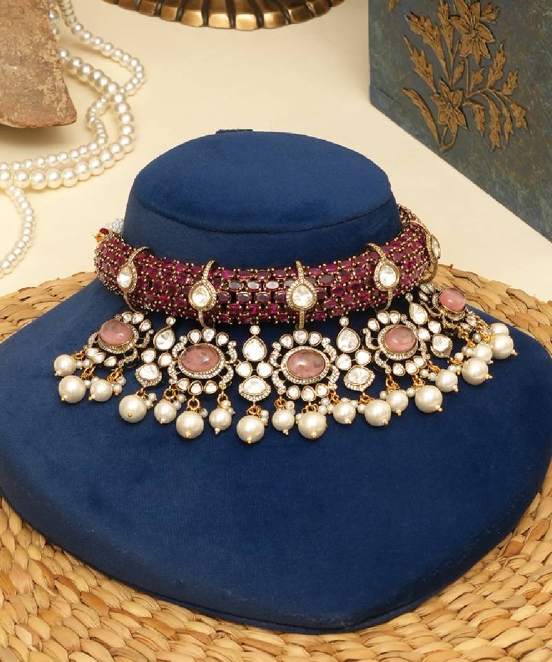 Gold plated kundan red stones necklace set