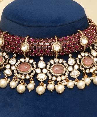 Gold plated kundan red stones necklace set 2