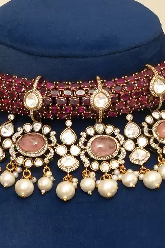 Gold plated kundan red stones necklace set