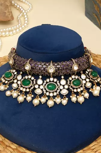 Gold plated kundan purple stones choker necklace set