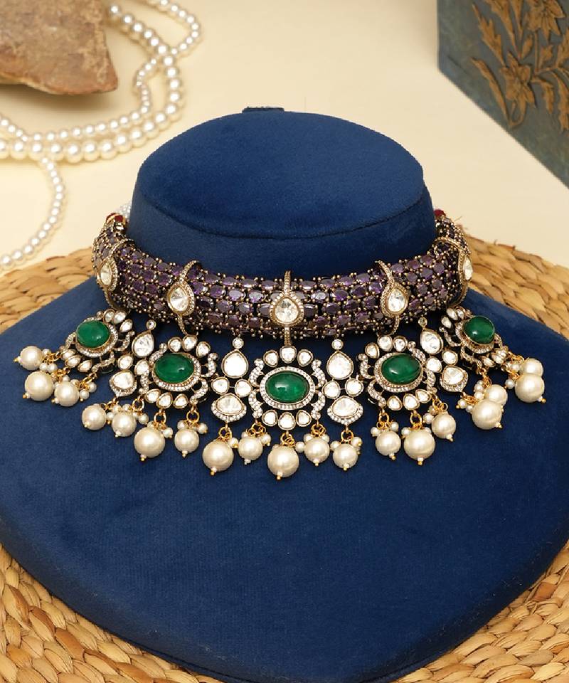 Gold plated kundan purple stones choker necklace set